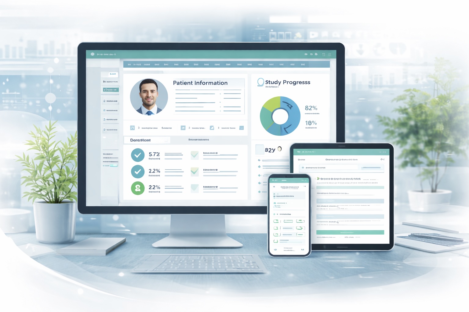QuesGen platform dashboard across desktop, tablet, and mobile
