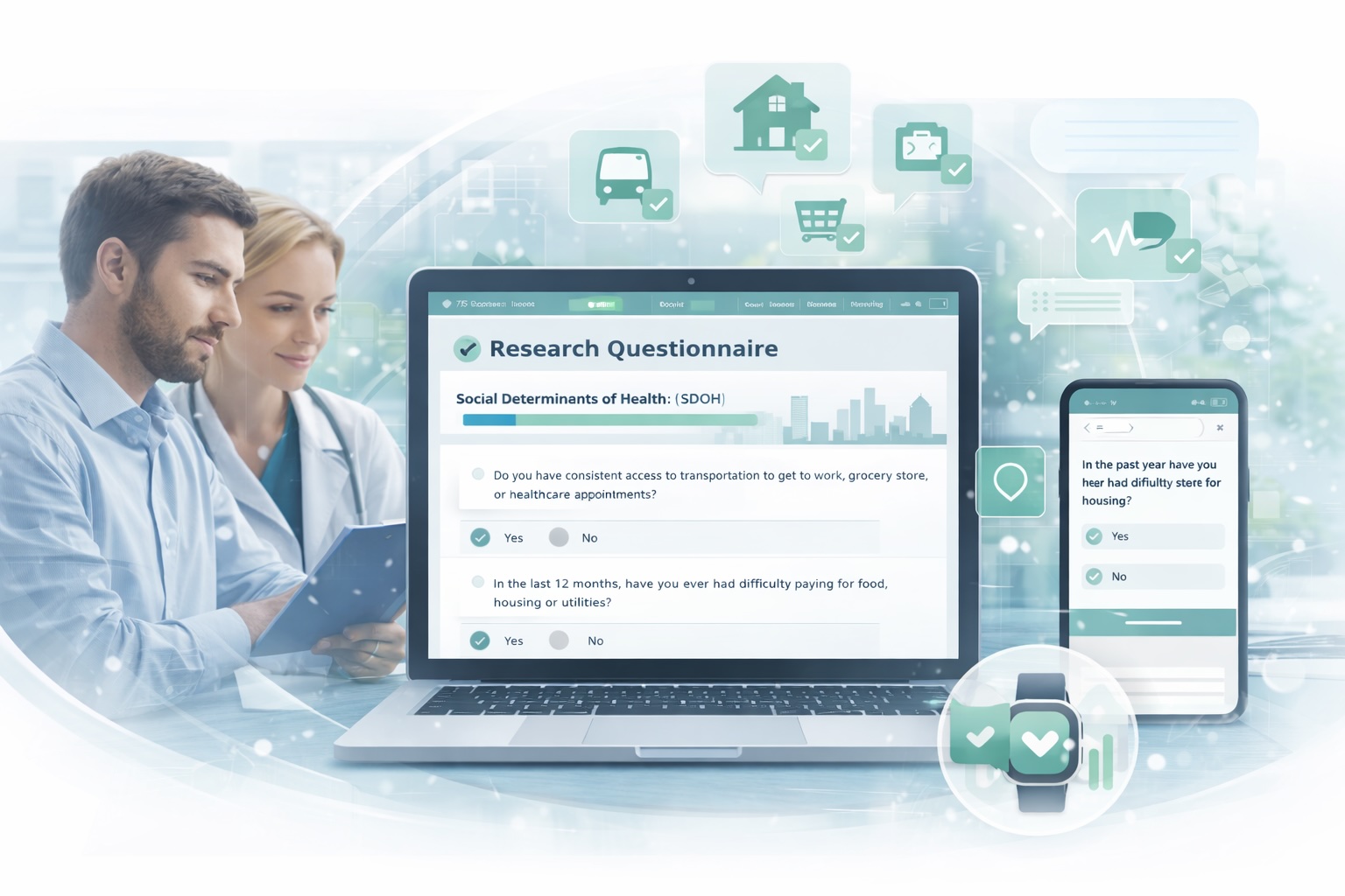 Research survey interface measuring social determinants of health, including housing, transportation, and access to services